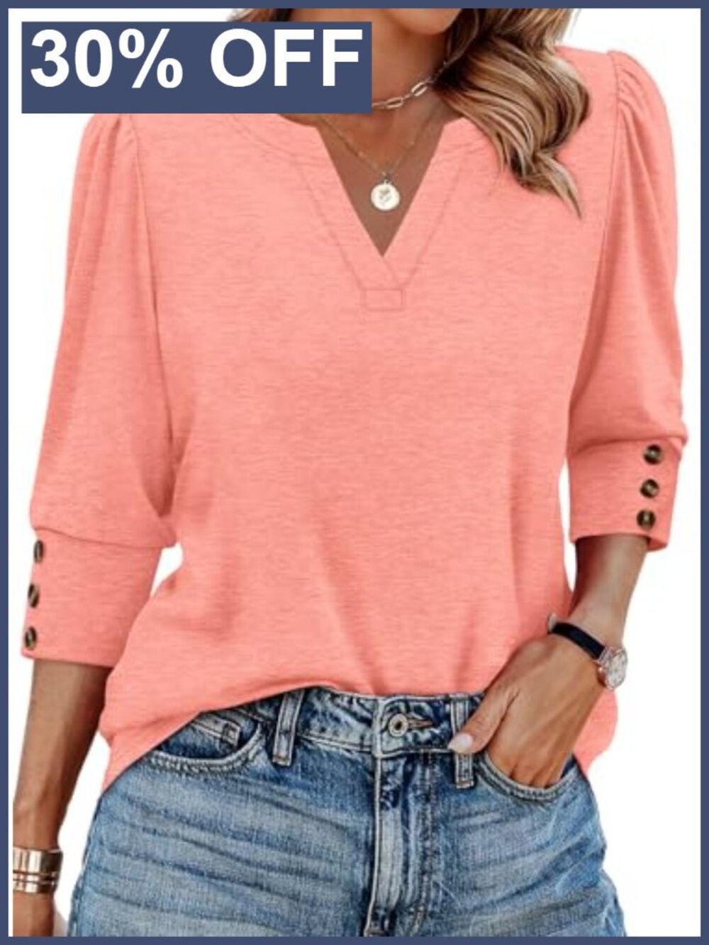 Women's 3/4 Sleeve V-Neck Blouse with Button Cuffs Dressy Casual Top